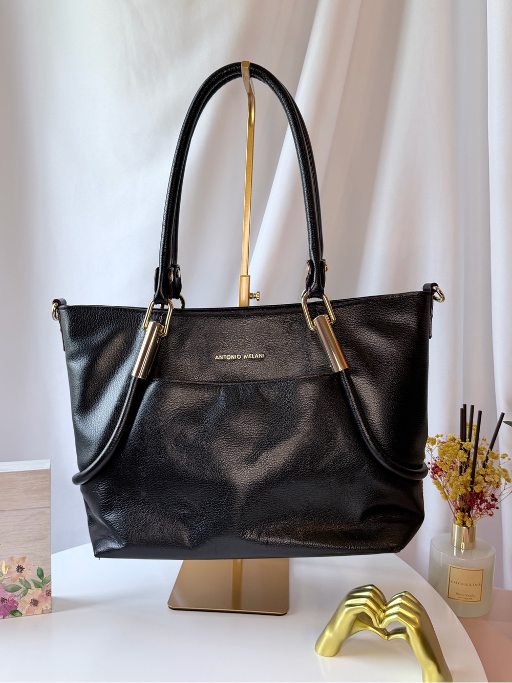 ANTONIO MELANI Black Pebbled Leather Tote with Gold Hardware